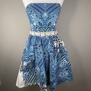 Badgley Mischka Strapless Blue Paisley Dress Beaded Waist Silk Cotton Womens 6
